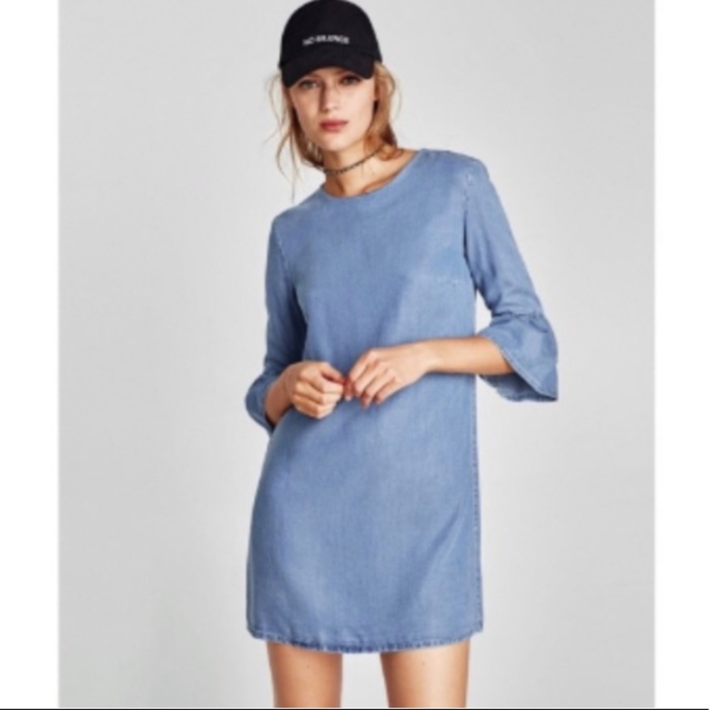 Zara chambray shift dress with ruffle sleeves